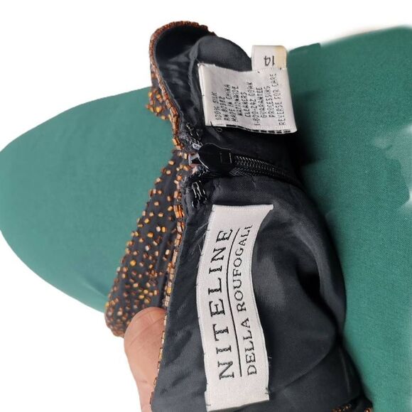 Vintage Black Silk Dress Hand Embellished in Copper & Black Beads | Size 14 - Picture 3 of 3